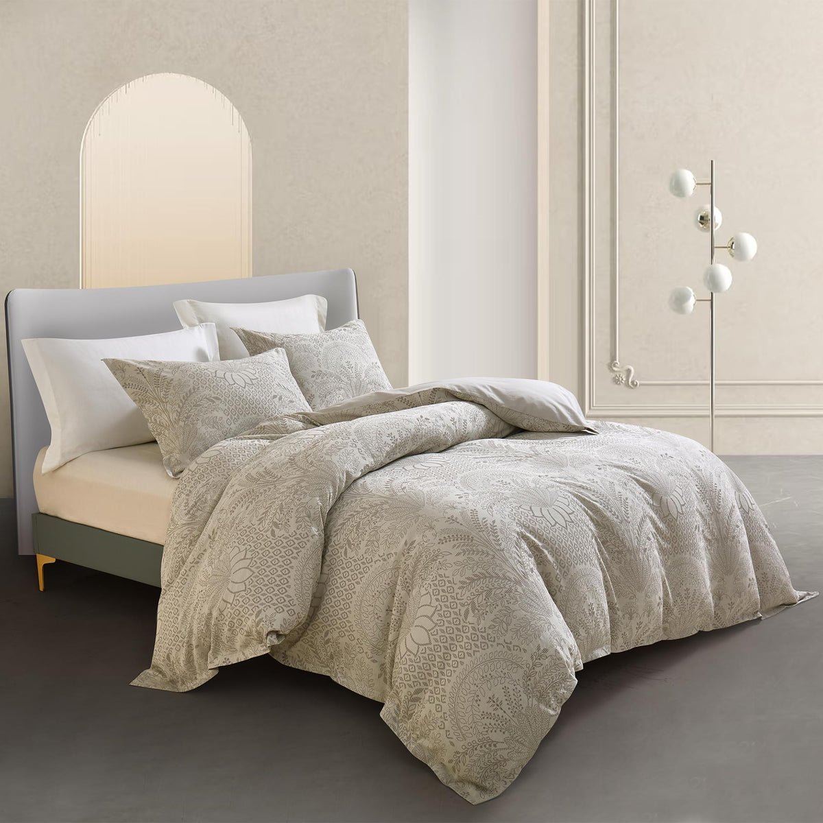 Neatly made bed with Timeless Heritage Woven Comforter Set in a bedroom setting