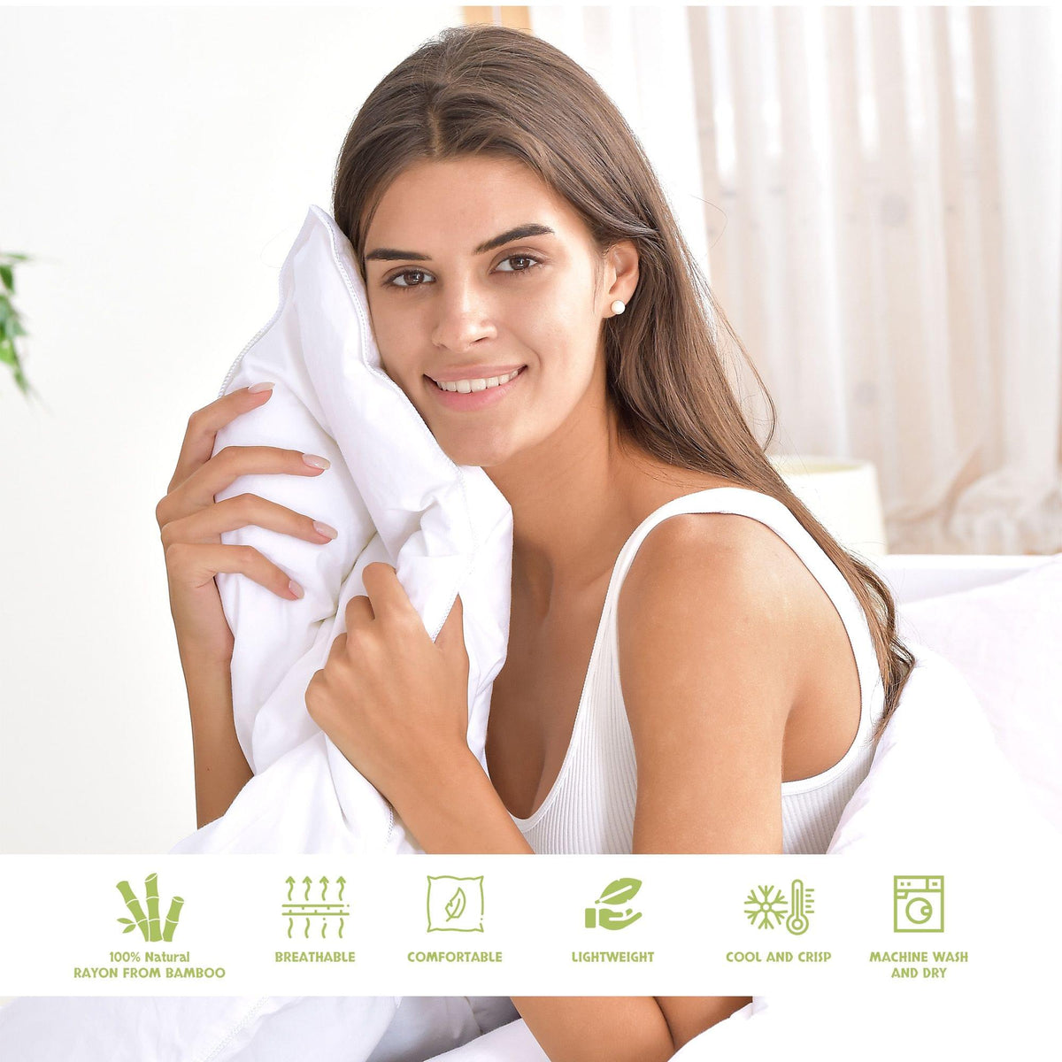 Woman holding a white Bamboo Duvet White Insert with product features displayed below
