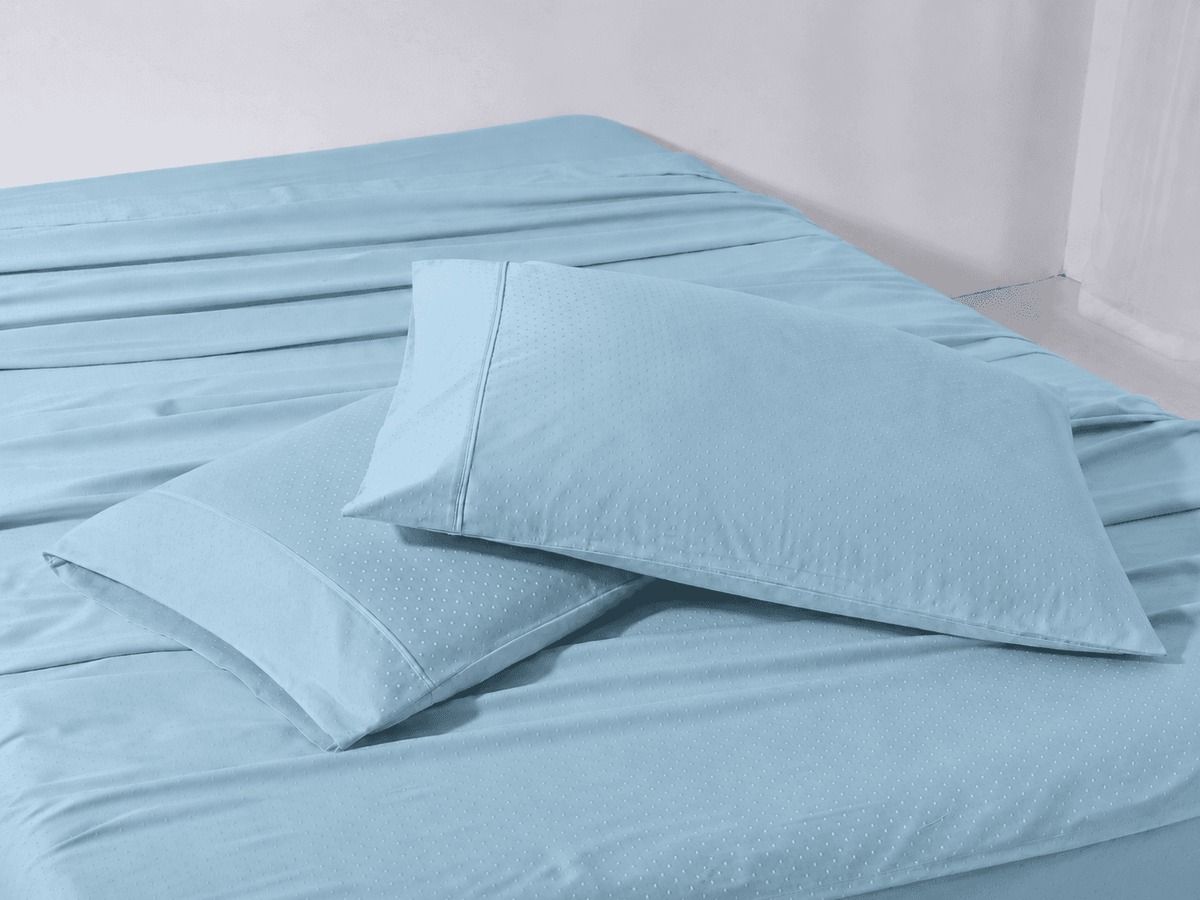 Light blue 600 Thread Count Jacquard Swiss Dot 100% Cotton Sheet Set with two pillows on a bed.