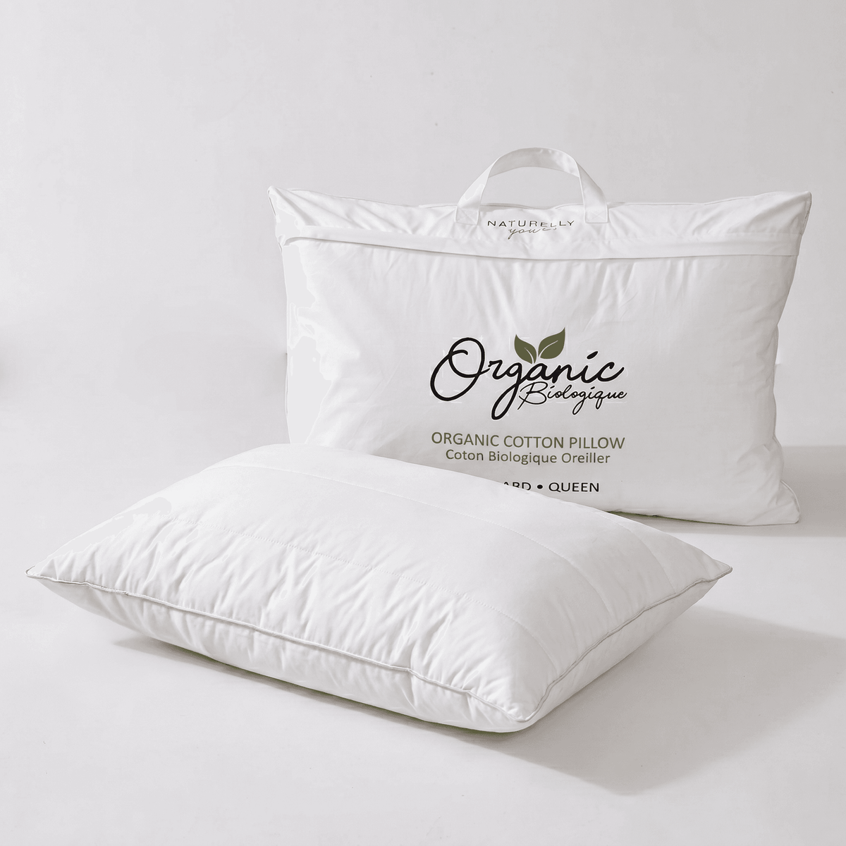 White Organic Cotton White Pillow with 'Nature's Down' branding on a light gray background