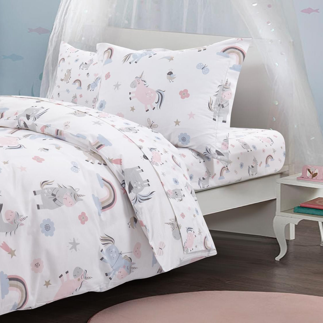 Children's bedroom with Organic Cotton Printed Unicorn Duvet Cover Set on a bed.