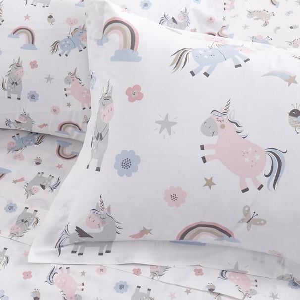 Children's bedding set with Organic Cotton Printed Unicorn Duvet Cover Set on a white background