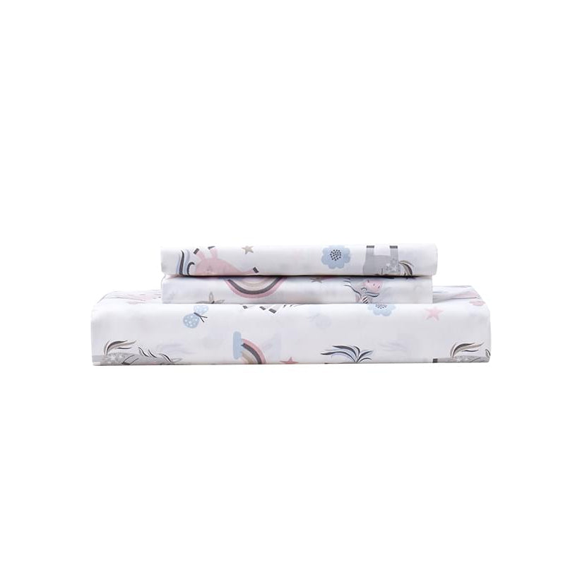 Set of folded bed sheets with Organic Cotton Printed Unicorn Duvet Cover Set on a white background
