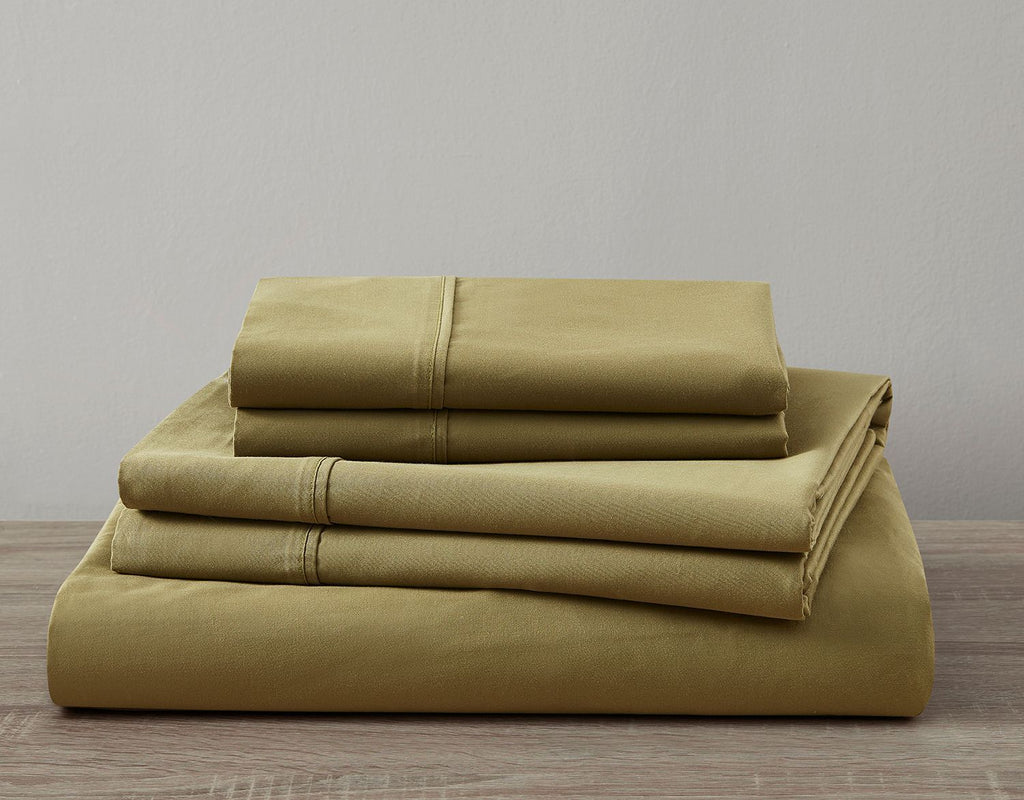 600 Thread Count Cotton Olive Green Bed Sheet Set Folded