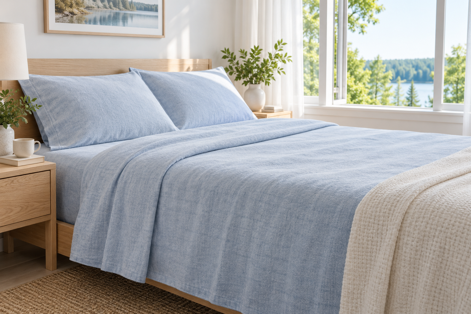 Soft cotton flannel sheets arranged on a bed in a bright Canadian bedroom during summer.
