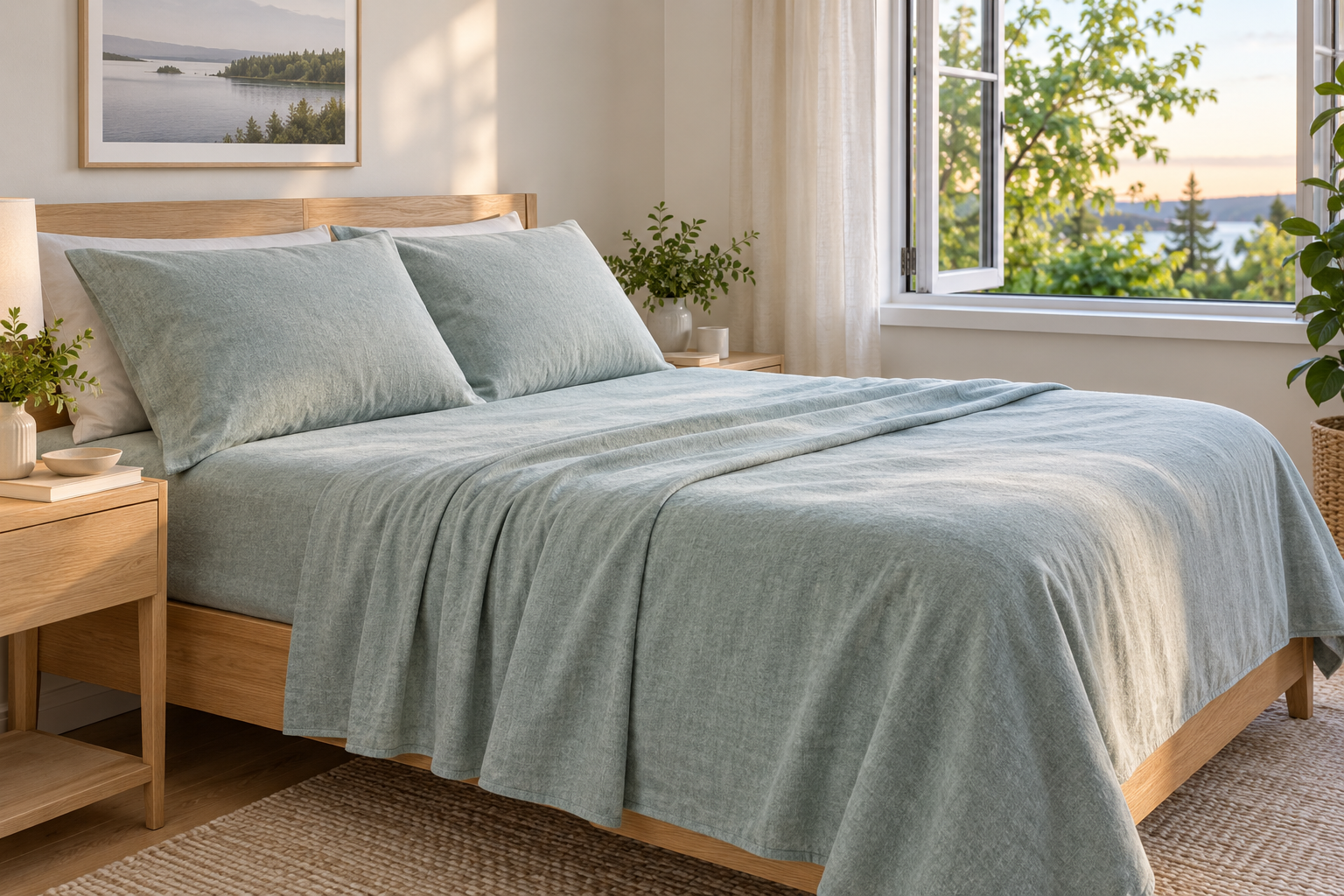 Cotton flannel sheets on a bright bed prepared for a cool Canadian summer