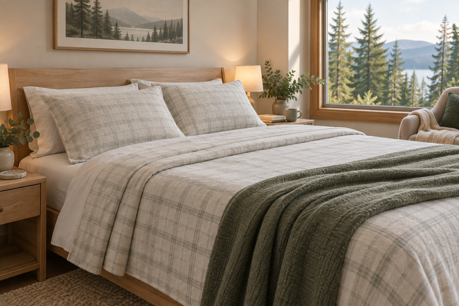 Soft cotton flannel sheets arranged on a cosy bed in a Canadian bedroom.