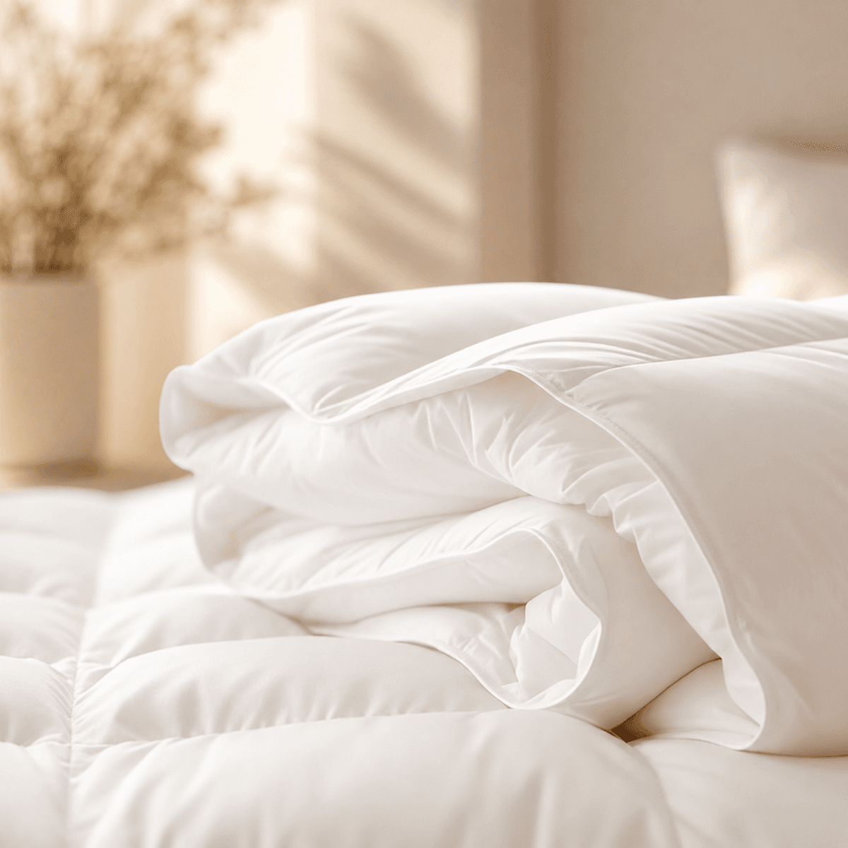 A neatly folded white All Season Bamboo Duvet White Insert item, likely a duvet cover or comforter, displayed on a bed in a softly lit bedroom setting with warm sunlight and blurred background decor.