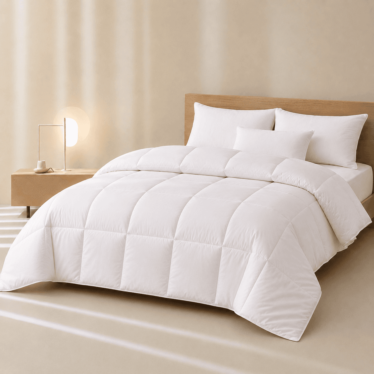 A white All Season Bamboo Duvet White Insert with matching pillows on a bed with a light wood headboard, styled in a minimalist beige bedroom setting with a bedside lamp.