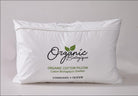 Organic Cotton White Pillow with branding on a light gray background