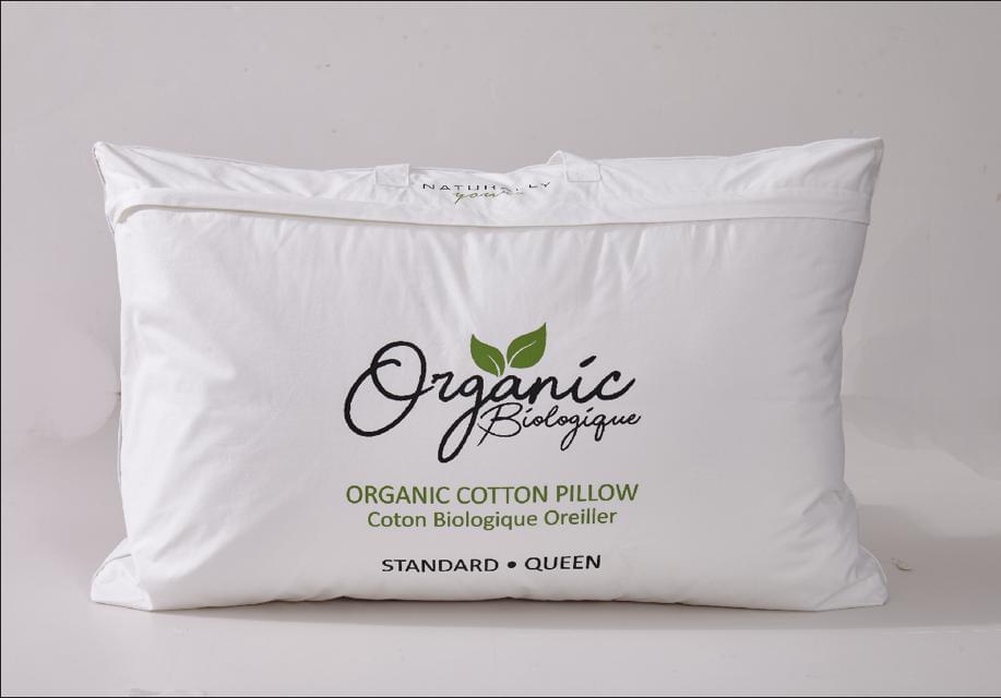 Organic Cotton White Pillow with branding on a light gray background