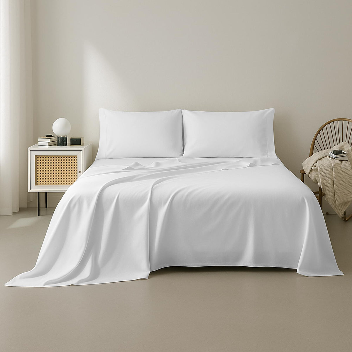White Organic Cotton Sheet Set 400 Thread Count on a bed in a minimalistic bedroom setting