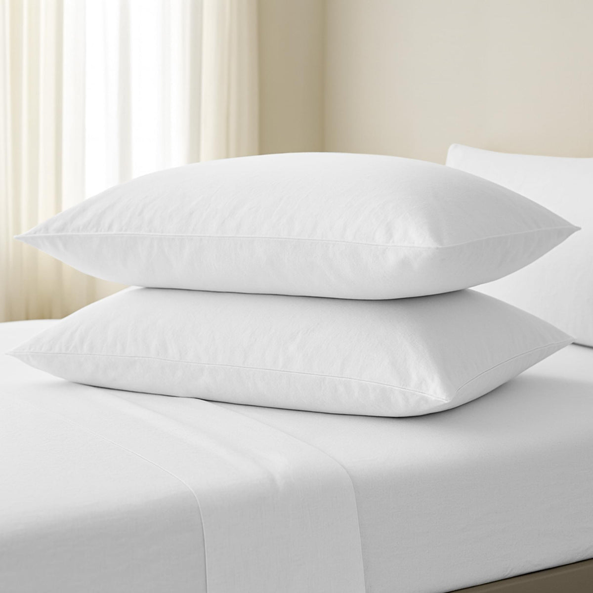 Two white pillows stacked on a bed with a neutral background