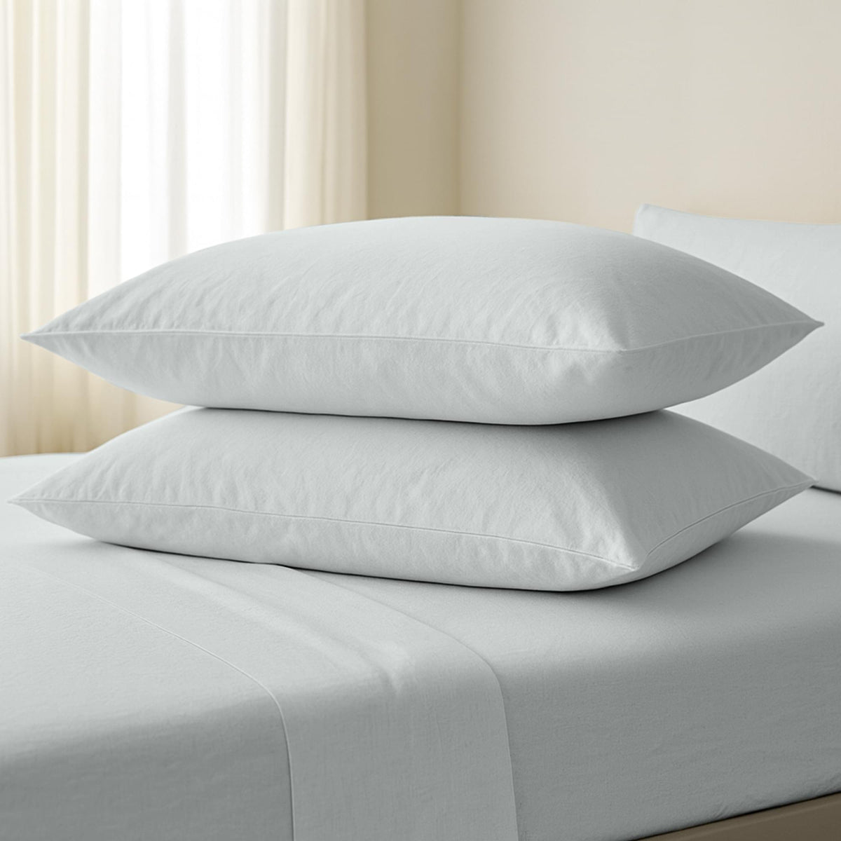 Two white pillows stacked on a bed with light-colored curtains in the background.