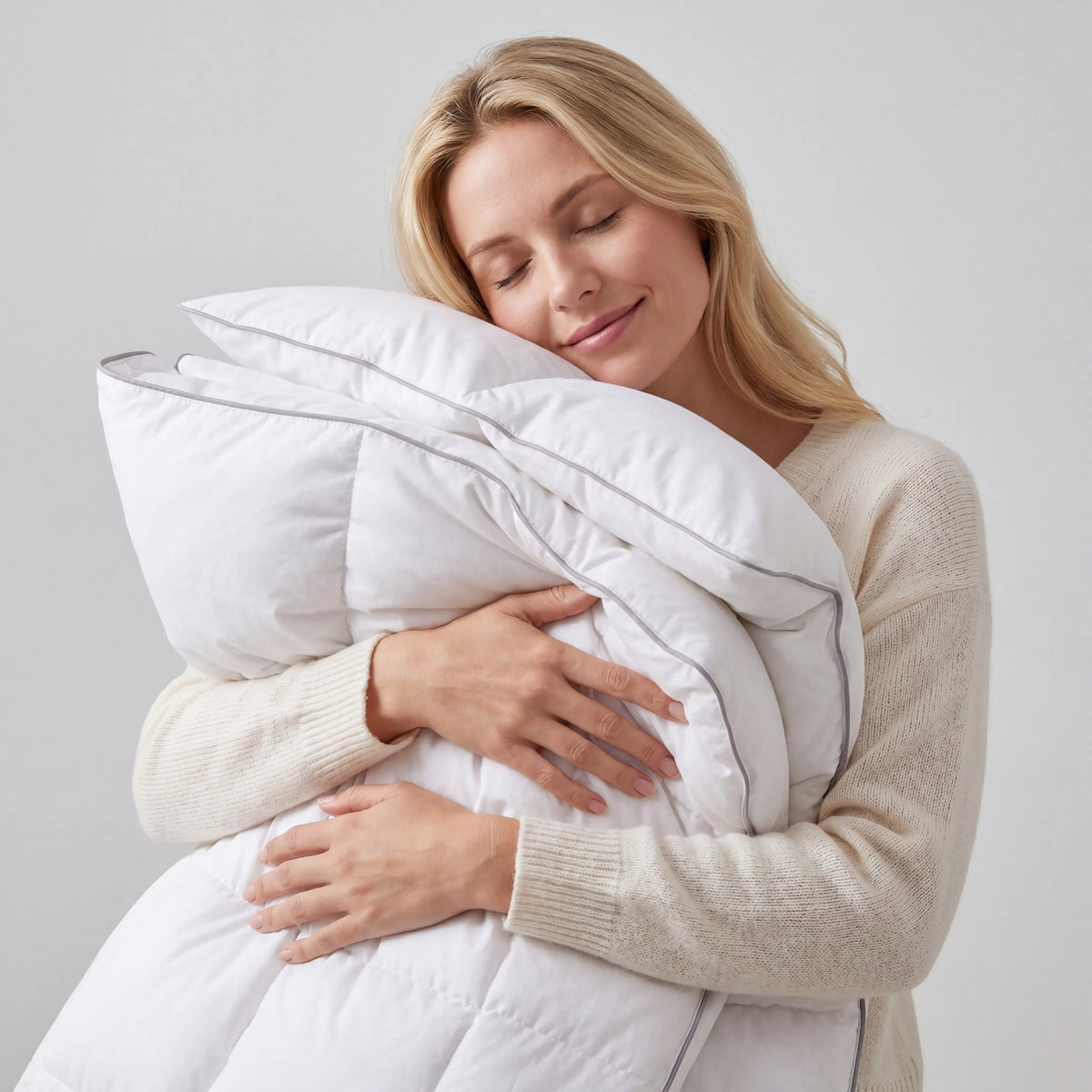 Woman holding a white Down Alternative Gel Microfiber Duvet against a plain background