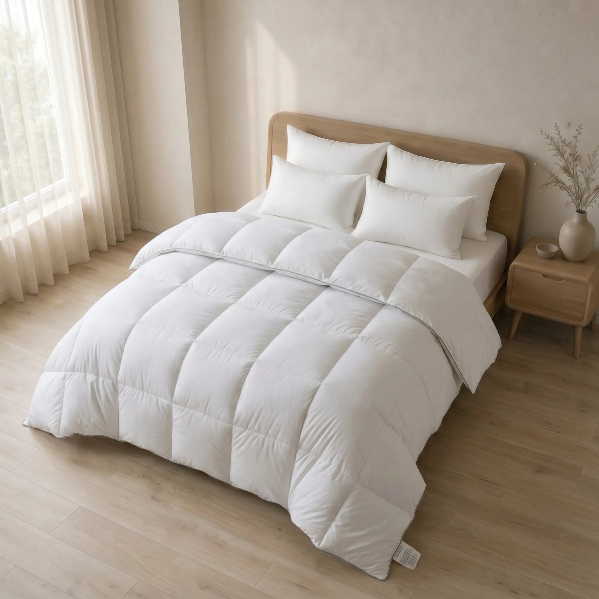 White Down Alternative Gel Microfiber Duvet set on a bed in a bedroom with wooden flooring and curtains.
