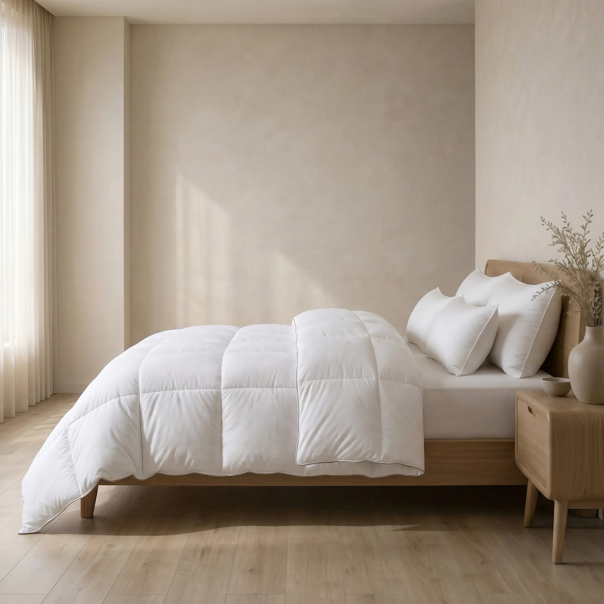 White Down Alternative Gel Microfiber Duvet on a bed in a minimalistic bedroom with neutral colors.