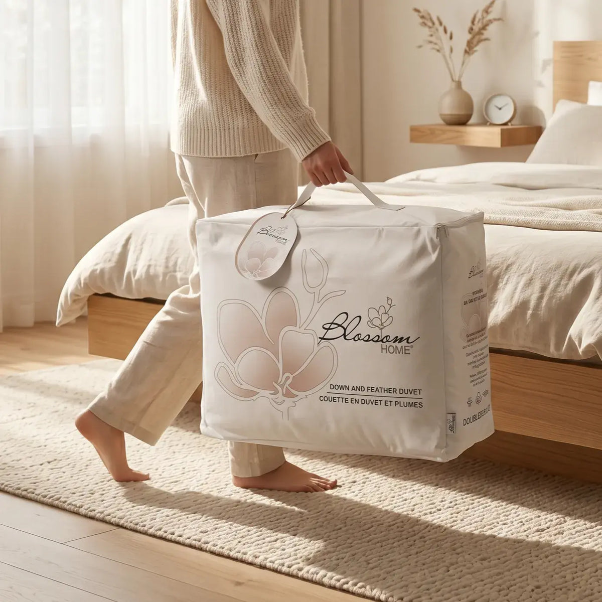 Person holding a 'Blossom Home' duvet in a bedroom setting