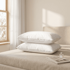 Two white Down and Feather Pillow on a bed with a window in the background