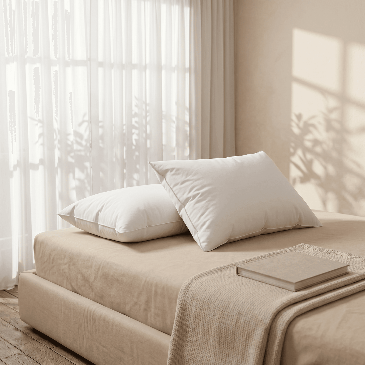 Beige bed with white White Goose Feather Pillow and a blanket in a bright room.