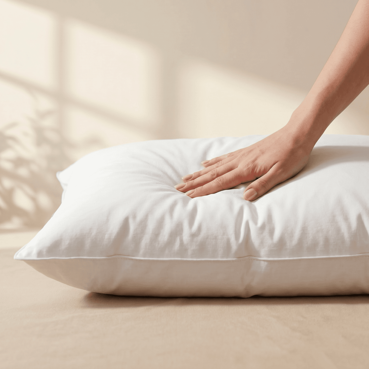 Hand touching a white White Goose Feather Pillow on a beige background