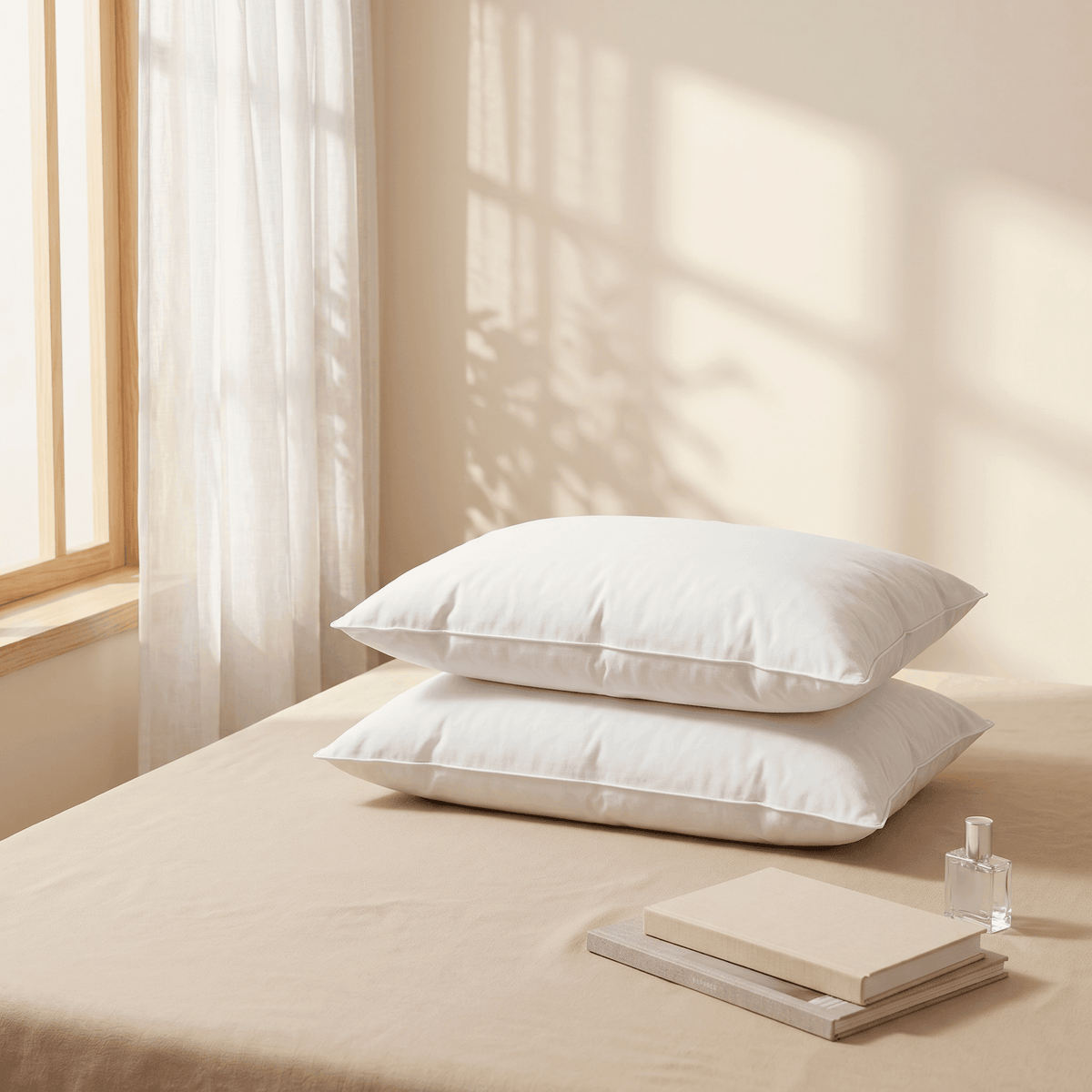 Two White Goose Feather Pillow on a beige bed with a window in the background
