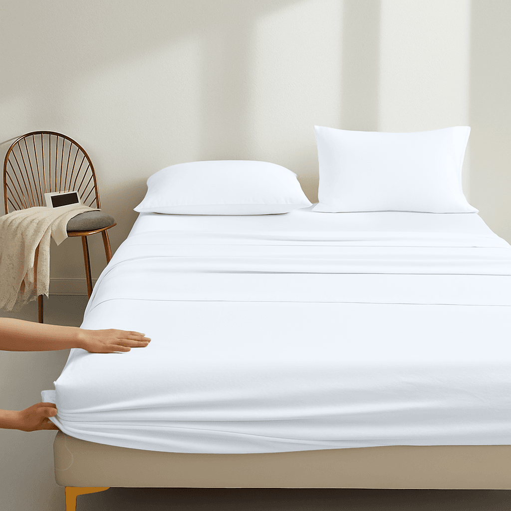 Person adjusting a fitted Organic Cotton Sheet Set 500 Thread Count on a bed in a minimalistic room.