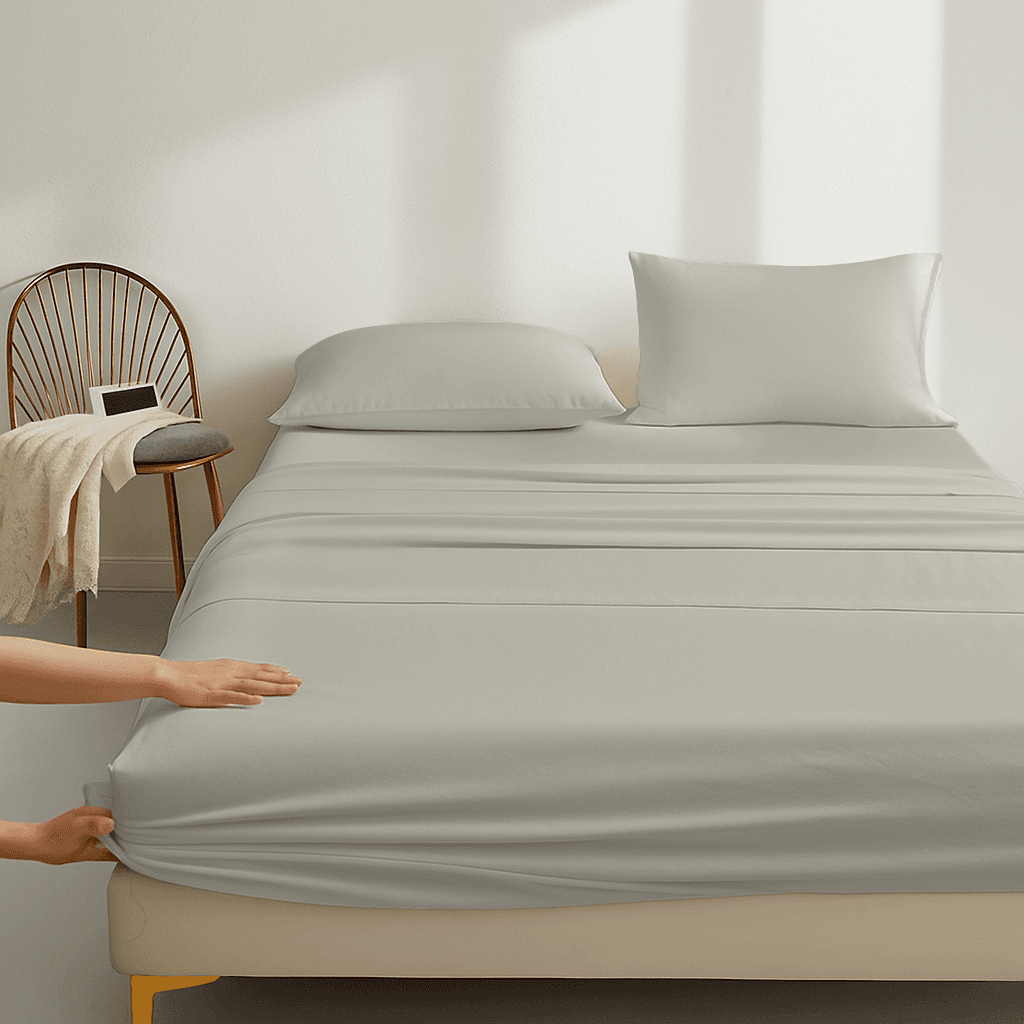 Person adjusting gray fitted sheet on a bed in a minimalistic room.