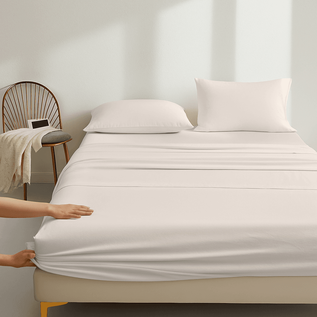 Person adjusting a fitted Organic Cotton Sheet Set 500 Thread Counton a bed in a minimalistic room.