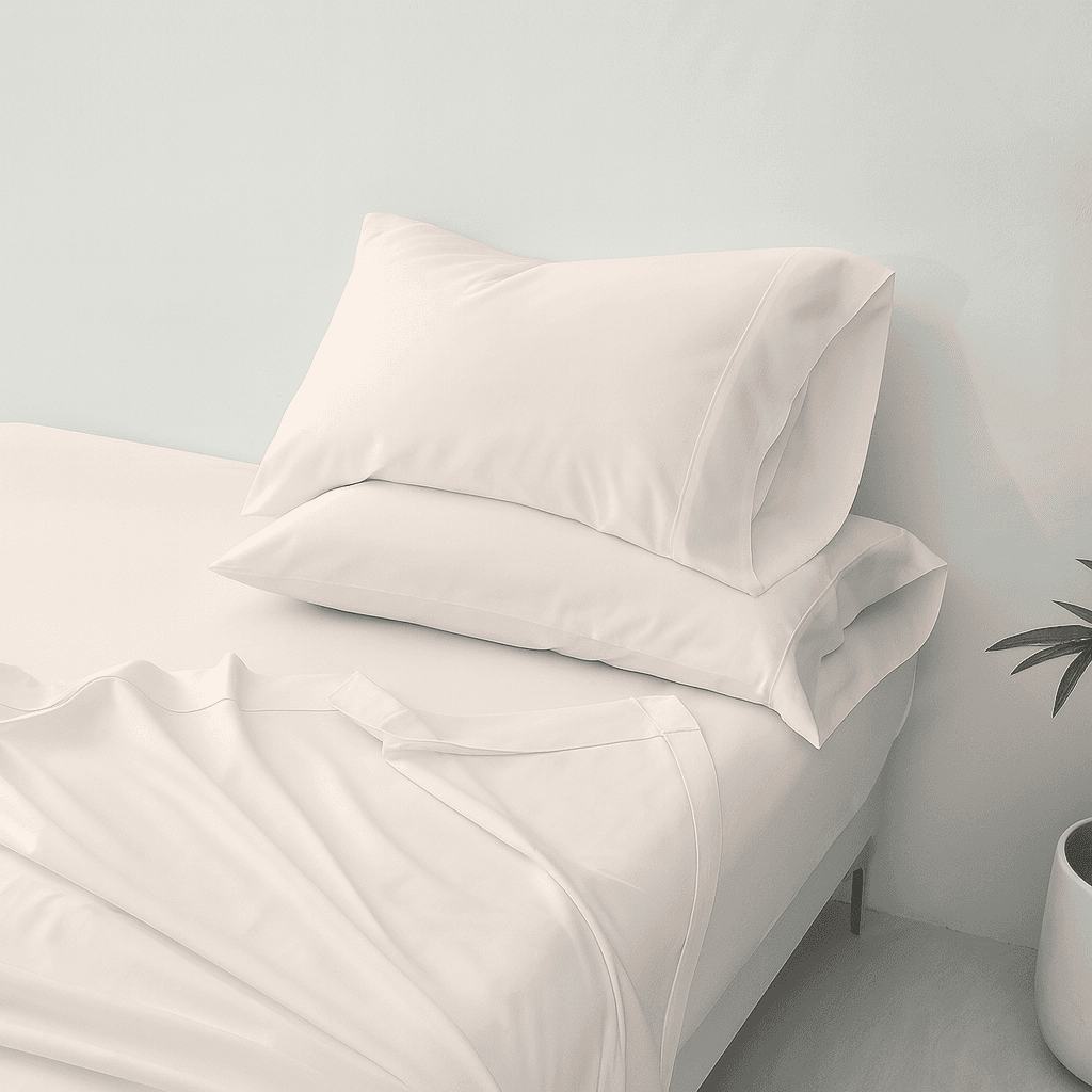 White Organic Cotton Sheet Set 500 Thread Count set with pillows on a bed in a minimalistic room.