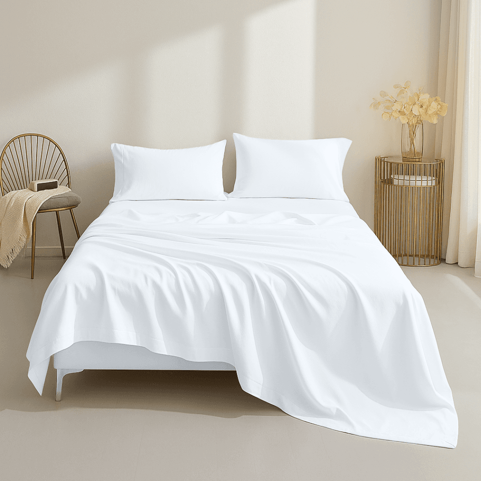 White Organic Cotton Sheet Set 500 Thread Count set on a bed in a bedroom setting with a chair and side table.