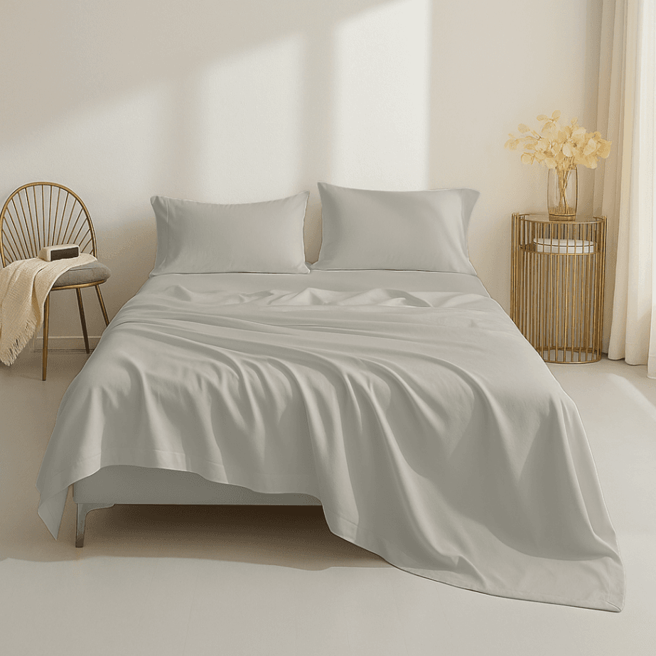 Neatly made bed with light gray bedding in a minimalistic bedroom.