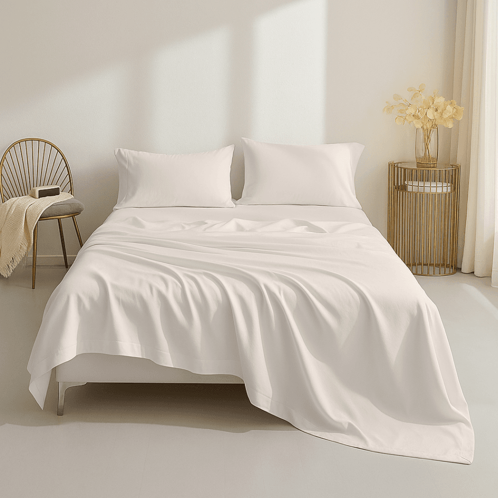 Neatly made bed with white Organic Cotton Sheet Set 500 Thread Count in a minimalistic bedroom setting.