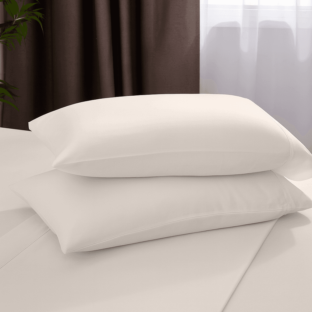 Two white pillows on a bed with a neutral color scheme.