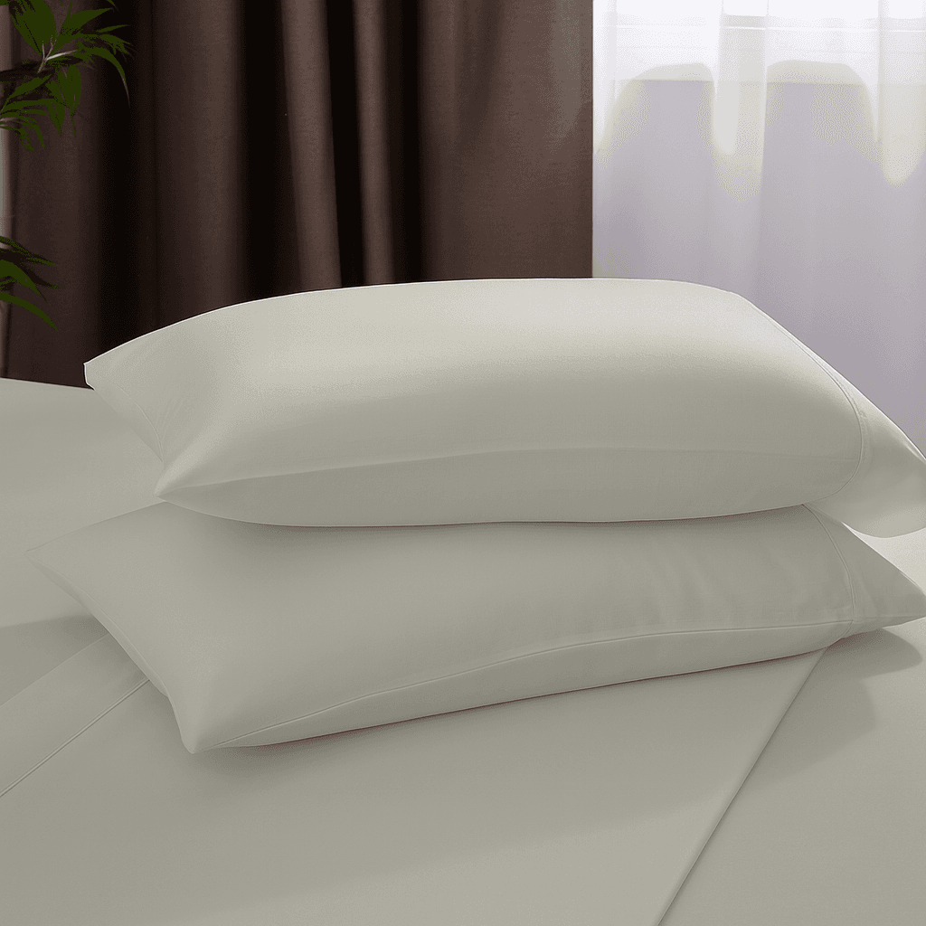 Two beige pillows on a bed with a blurred background