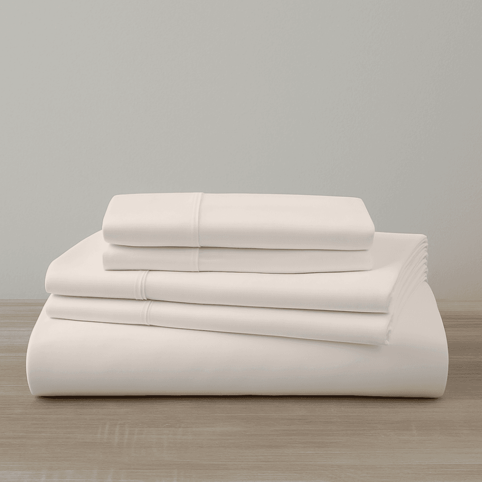 Set of folded beige bed sheets on a wooden surface with a gray background