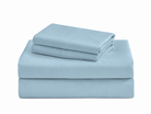 Set of light blue 600 Thread Count Jacquard Swiss Dot 100% Cotton Sheet Set folded on a white background