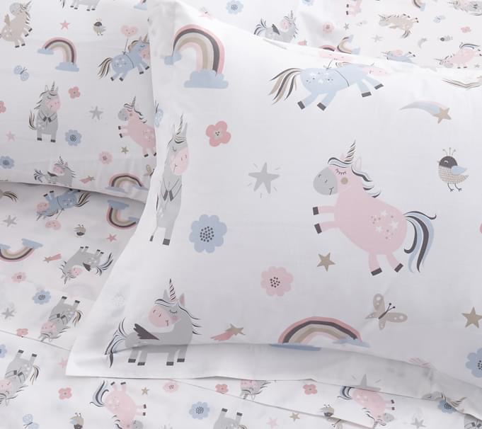 Children's bedding set with Organic Cotton Printed Unicorn Duvet Cover Set on a white background
