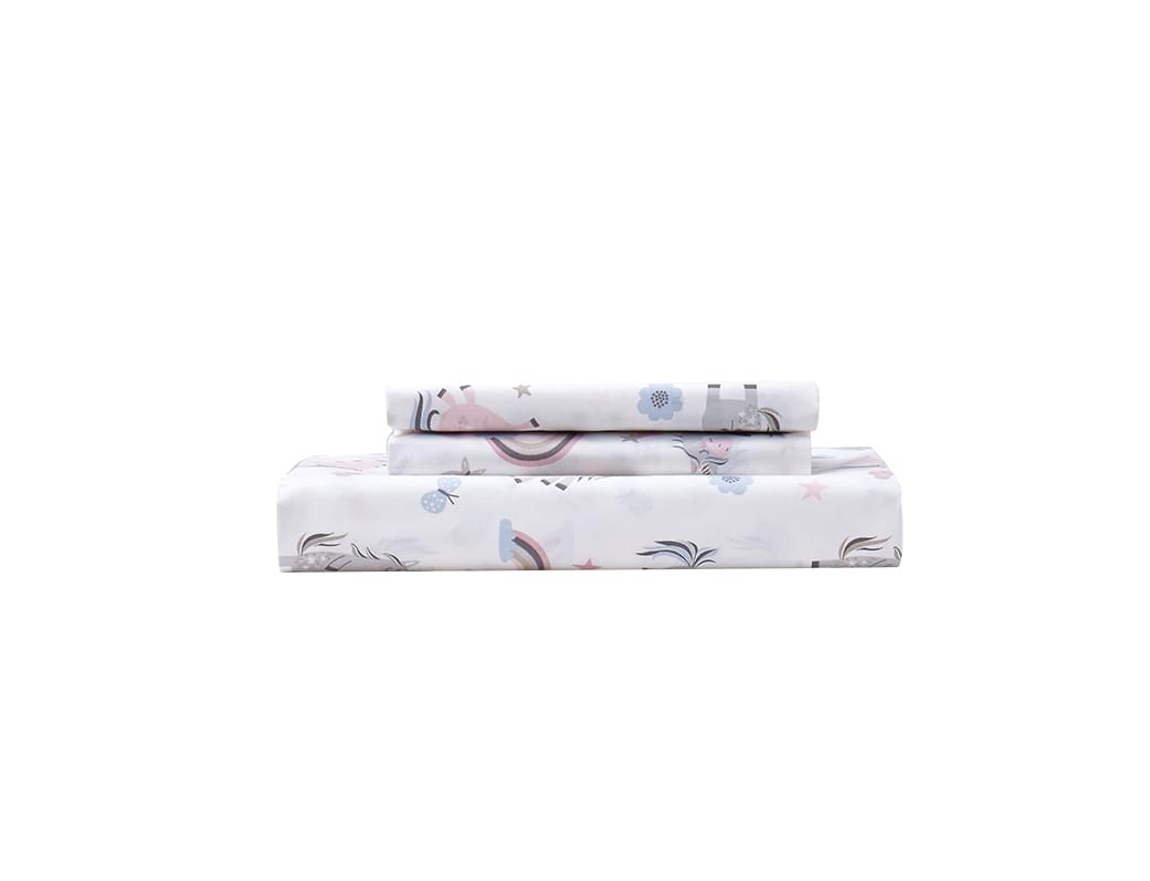 Set of folded bed sheets with Organic Cotton Printed Unicorn Duvet Cover Set on a white background